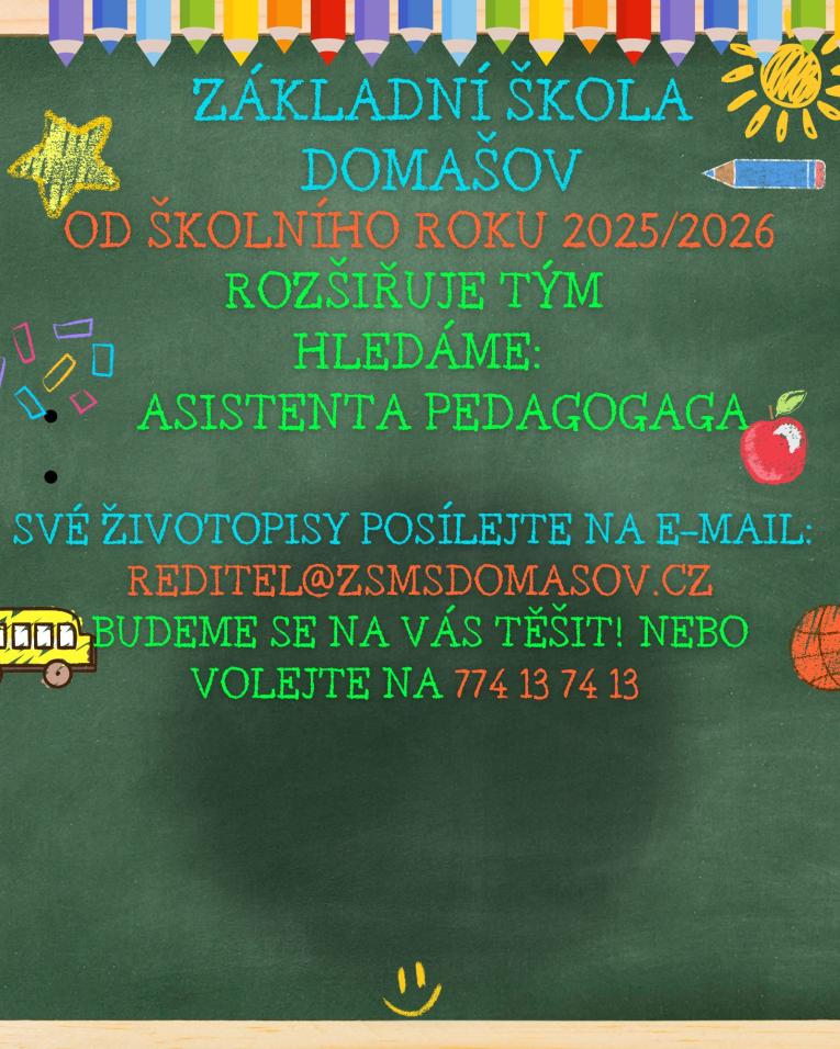 ZŠ Domašov hledá vychovatele a&nbsp;vychovatelku + asistenta pedagoga